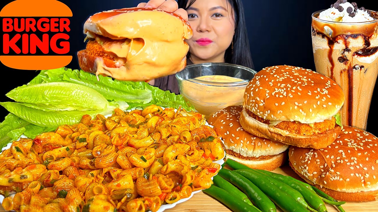ASMR EATING STREET STYLE 🔥SPICY MACARONI | BURGERS | COLD COFFEE | CHILLI | BURGER KING | MUKBANG