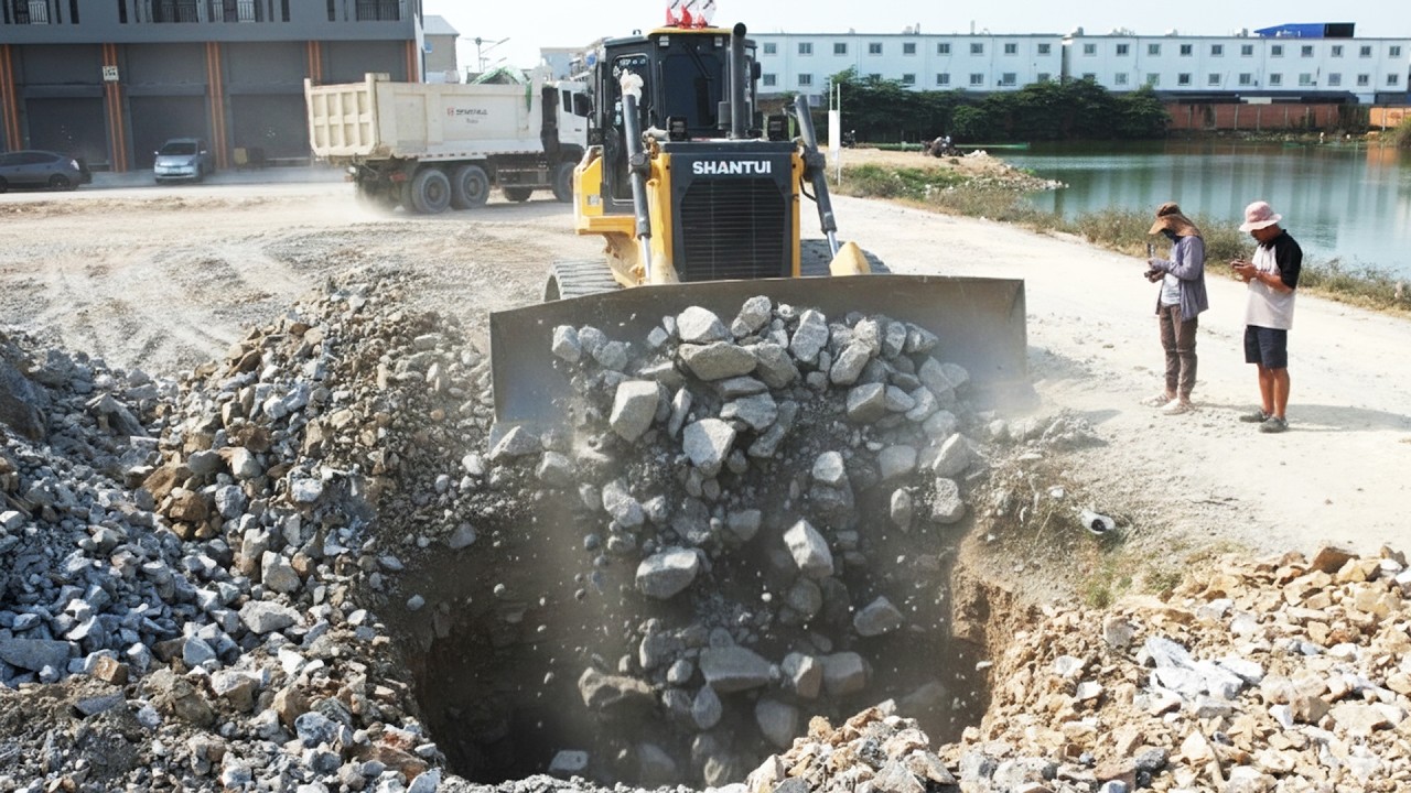 Ep3-Get Complete 50% With Strong Power Bulldozer Pushing Stones & Dump Trucks Transport Stones