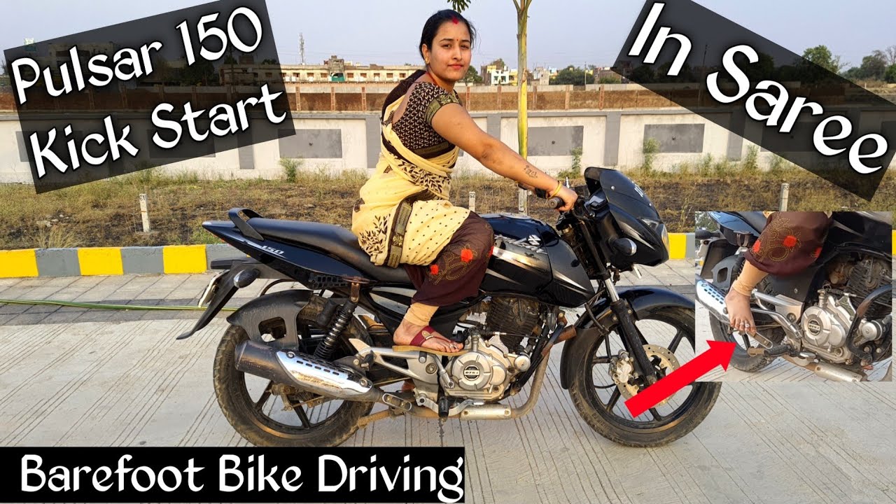 Barefoot Bike Riding In Saree | Pulsar 150 Kick Start In saree