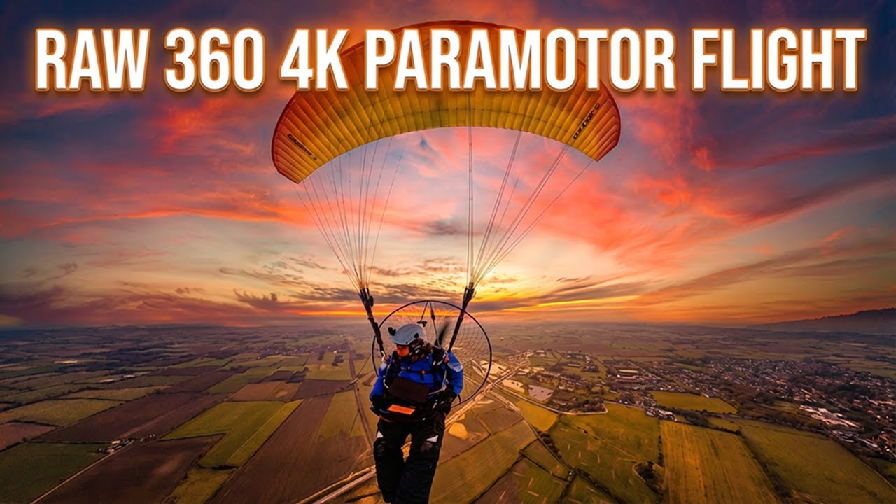 RAW 360 4K Paramotor Flight at Sunset. Little Gransden, UK