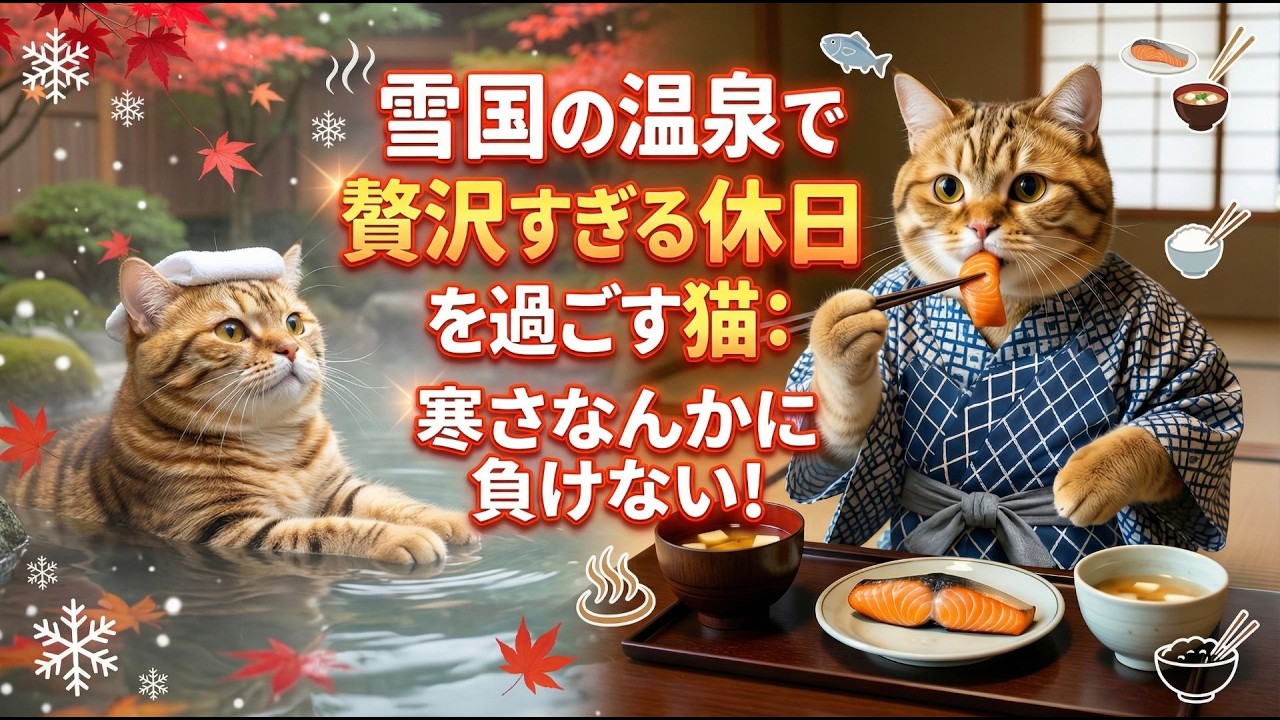 雪国の温泉で贅沢すぎる休日を過ごす猫：寒さなんかに負けない！