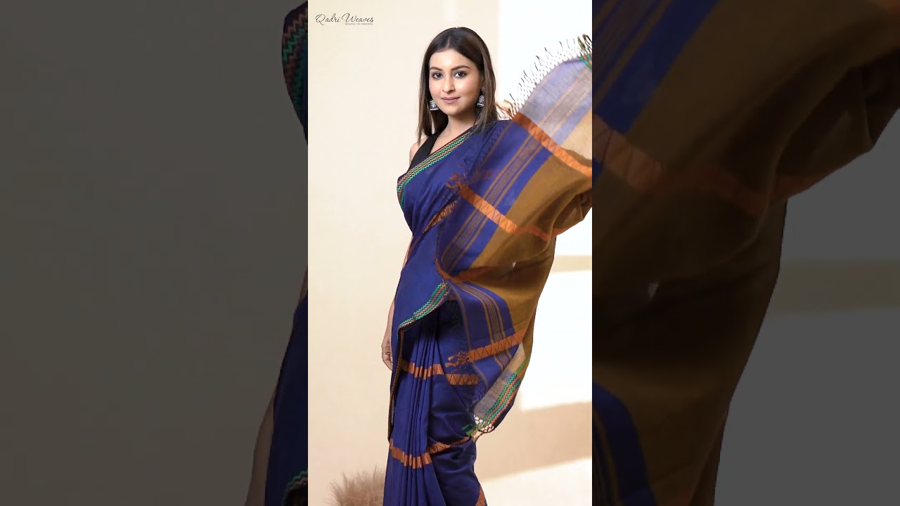 Handloom Blue & Brown Premium Cotton Saree | Elegant Zig-Zag Border Design