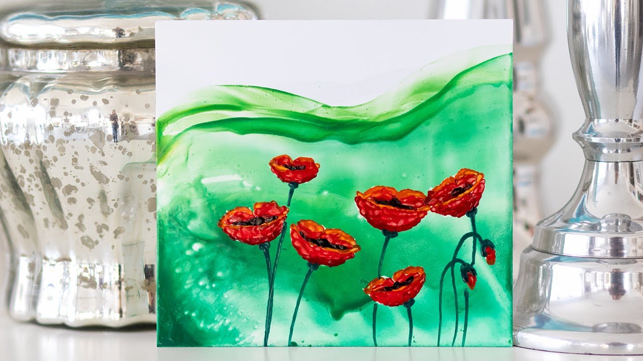 Encaustic - Mohnblumen auf grüner Wiese