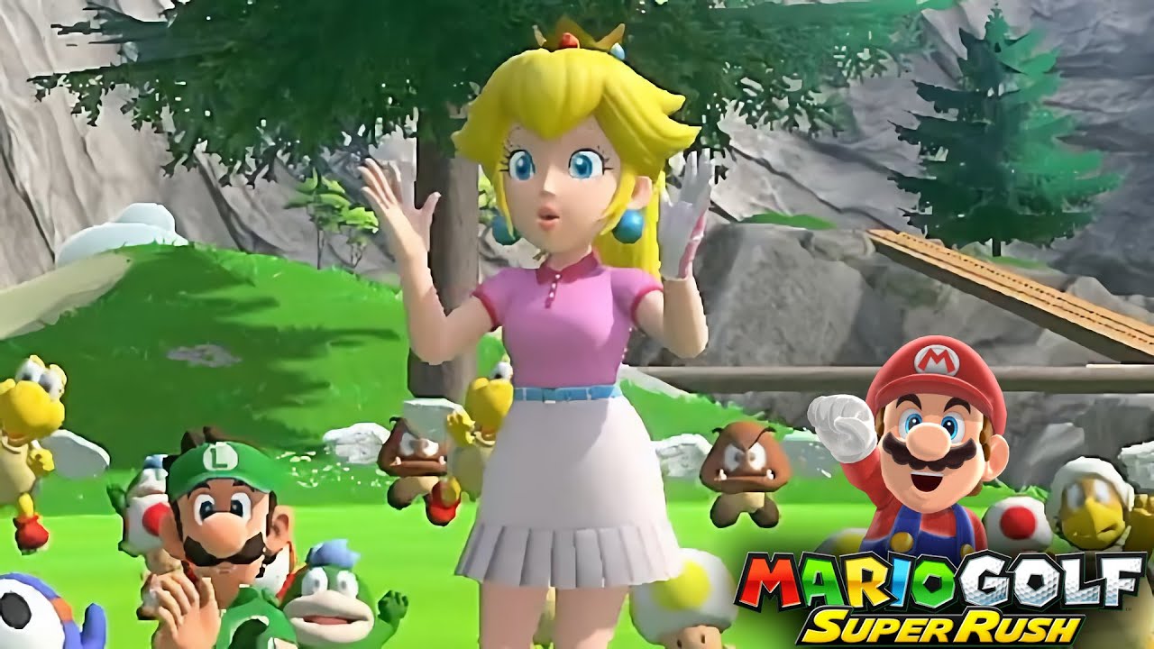 Mario Golf Super Rush Peach vs Toadette vs Luigi vs Bowser in Ridgerock Lake