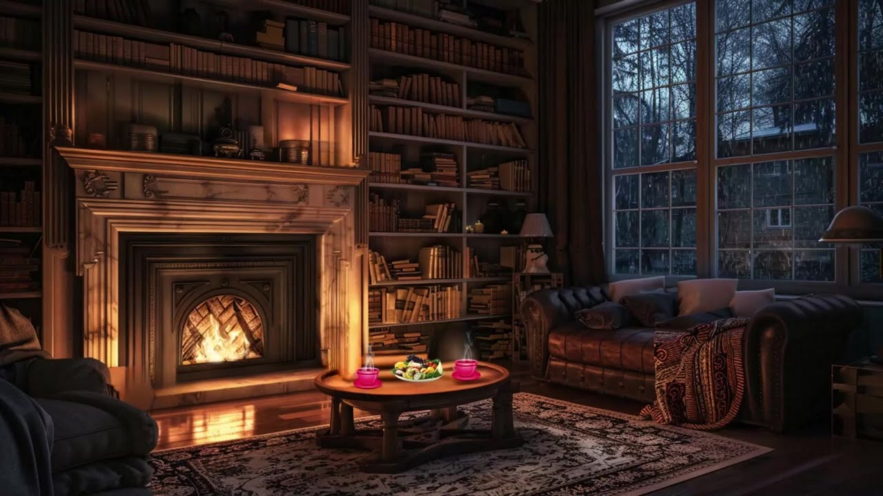 Cozy Library Fireplace with Rain Sound | Warm Ambient Study and Focus Environment (2 Hours)