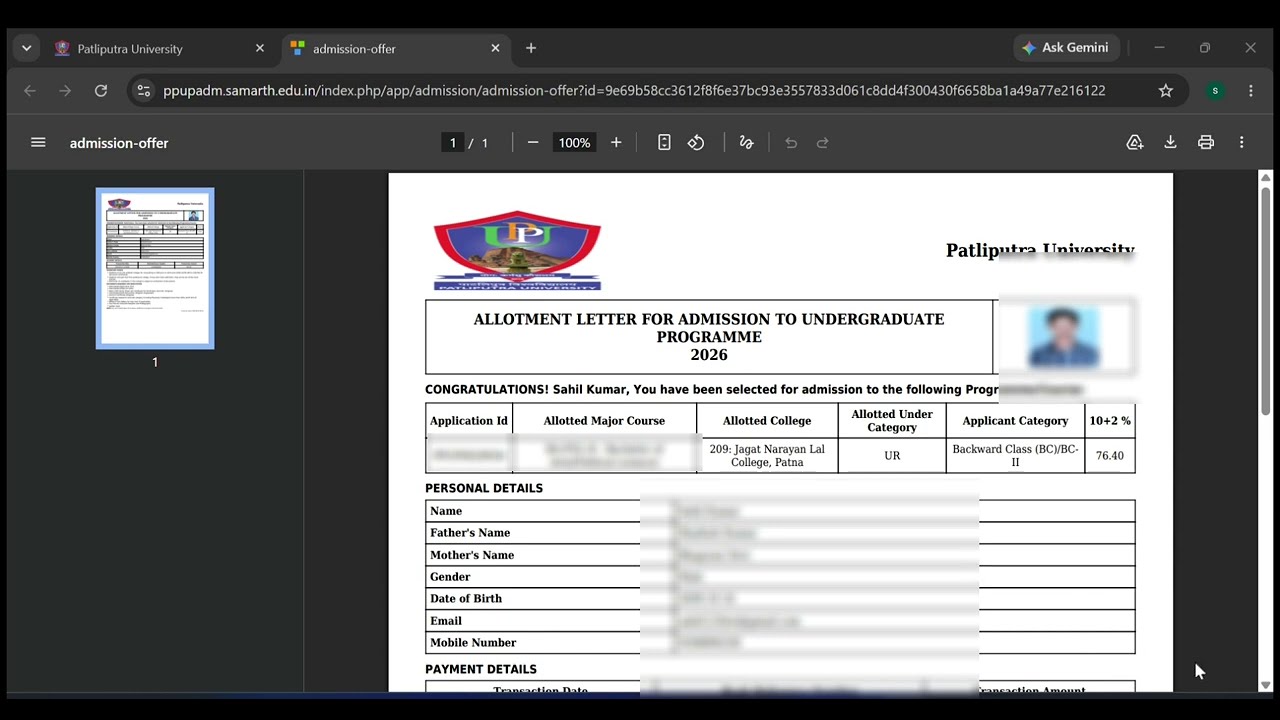 Patliputra University Ug 2026-2030 merit list || PPU Offer Letter Download