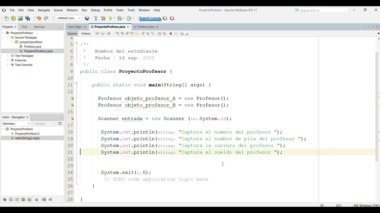 Crear un proyecto en apache netbeans  JAVA.Crear instancias  y usar gets y  sets (Clase Profesor)
