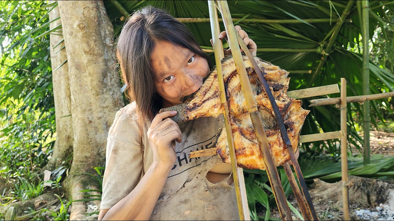 Homeless single mother catches stream fish to grill and eat and makes temporary shelter in the woods