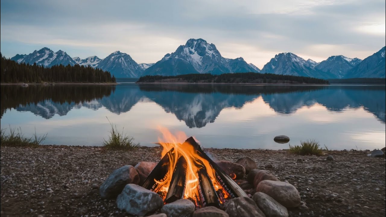 Log Fire Lake Mountains Relaxing Calming Meditation Sleep