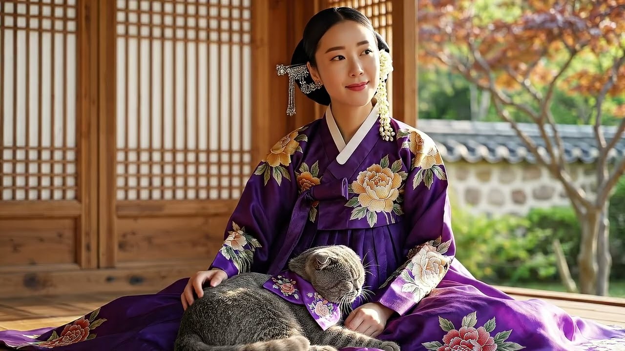 A Quiet Afternoon with a Woman in Hanbok and Her Cat