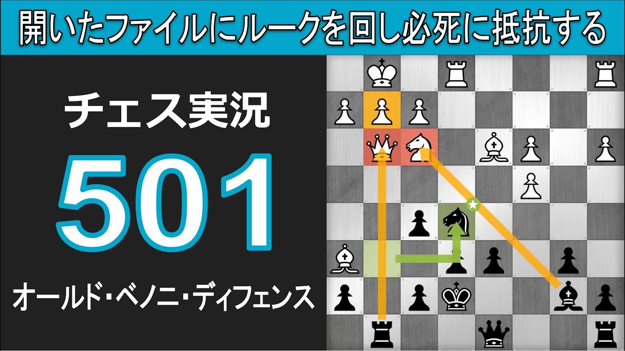 チェス実況 501. 黒 オールド・ベノニ・ディフェンス: 開いたファイルにルークを回し必死に抵抗する