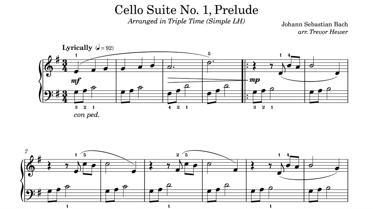 Bach’s Cello Suite No. 1 Prelude - Mid to Late Beginner Piano Sheet Music