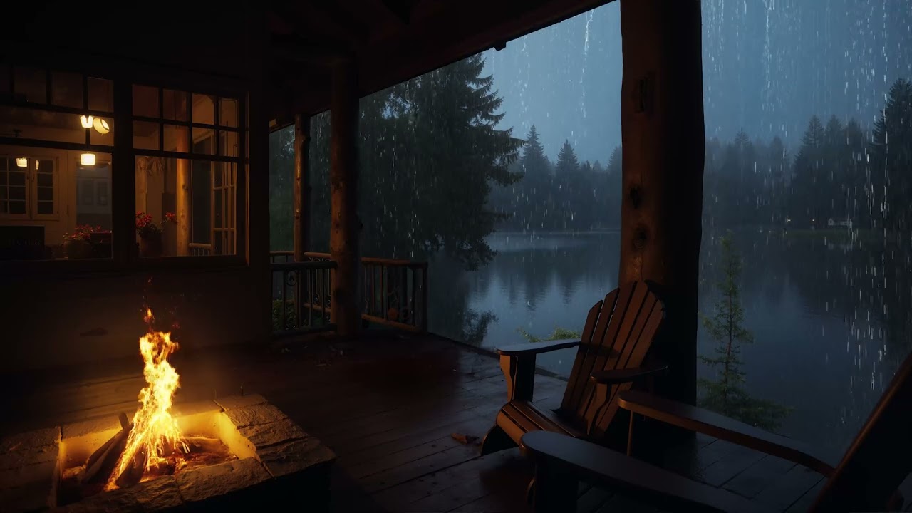 Soothing Rain in Cabin Porch with Fire Pit | Rainy by The Lake Ambience