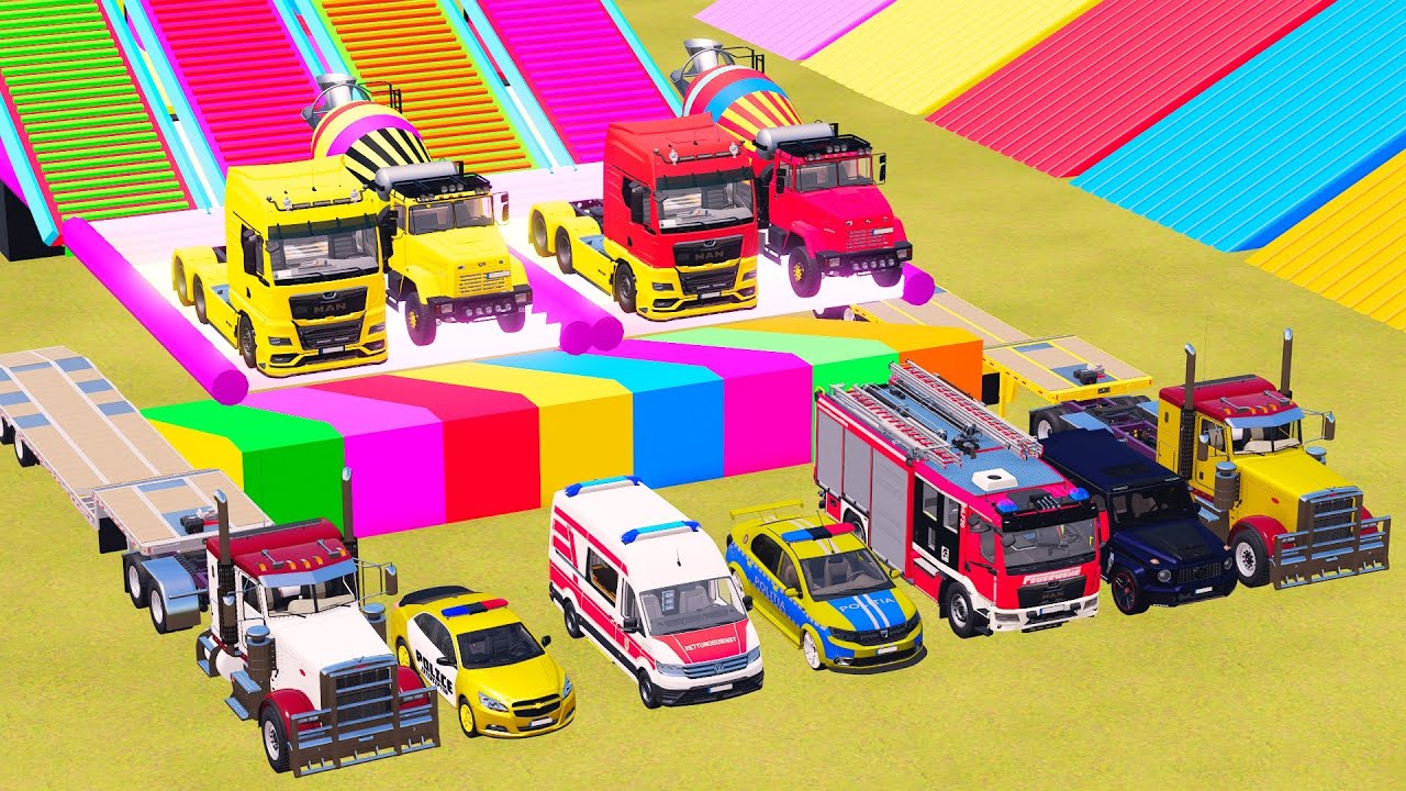 TRANSPORTING POLICE CARS, AMBULANCE, FIRE TRUCK, COLORFUL CARS WITH TRUCK FARMING SIMULATOR 22! #23