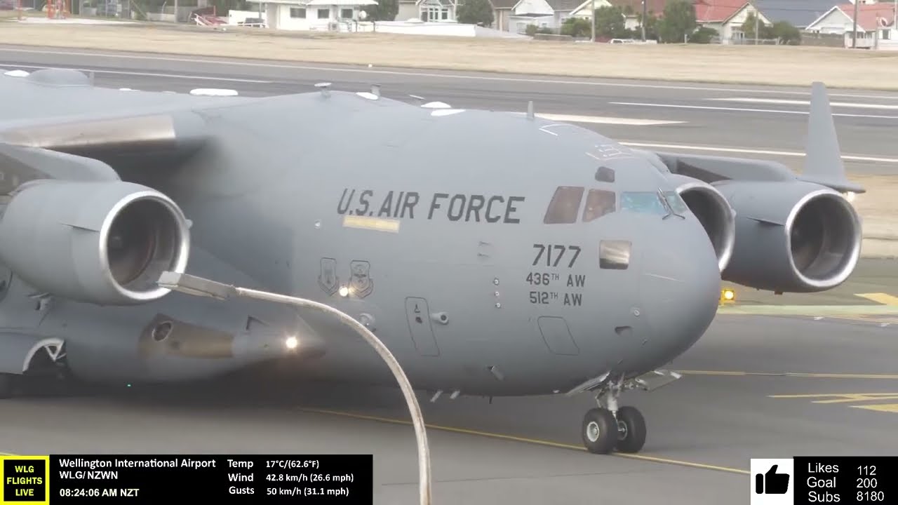 C17 Globemaster Departure live at Wellington Airport - Close up action