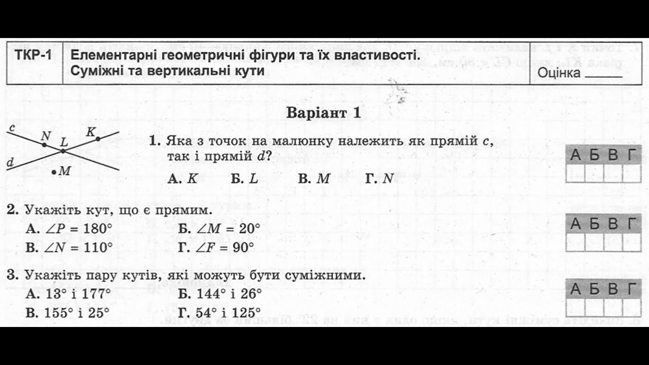 Тематична контрольна робота 1 Геометрія 7 клас