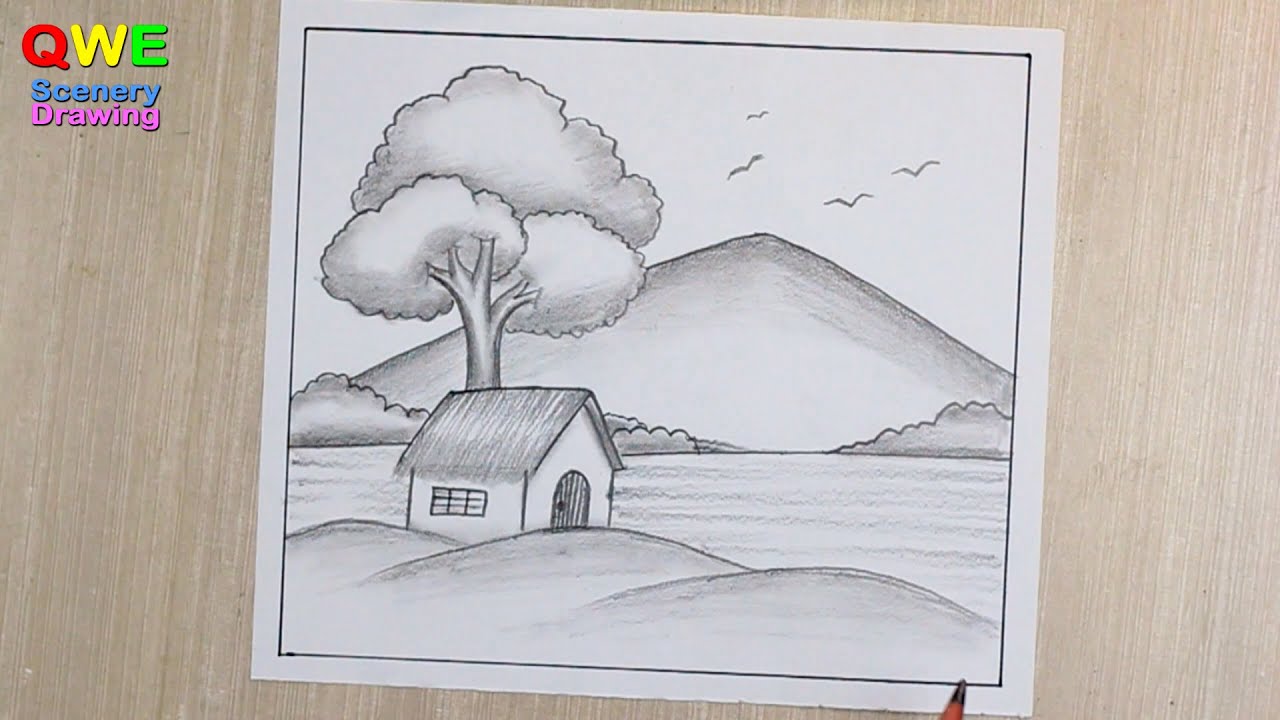 Mountain Scenery Drawing | Landscape Drawing with mountain and house
