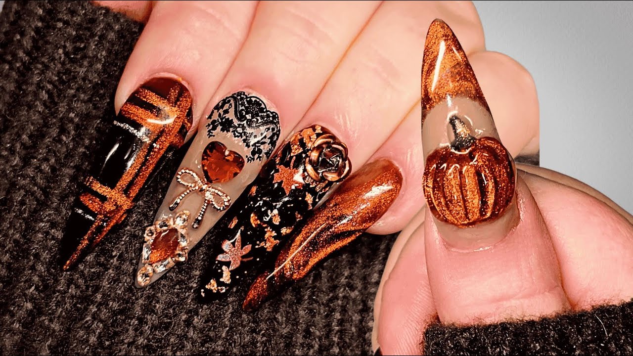 Beautiful Cozy Fall Nails🍂🎃/ 3D Pumpkin/ Plaid Cateye/ Retro Nail Art ASMR