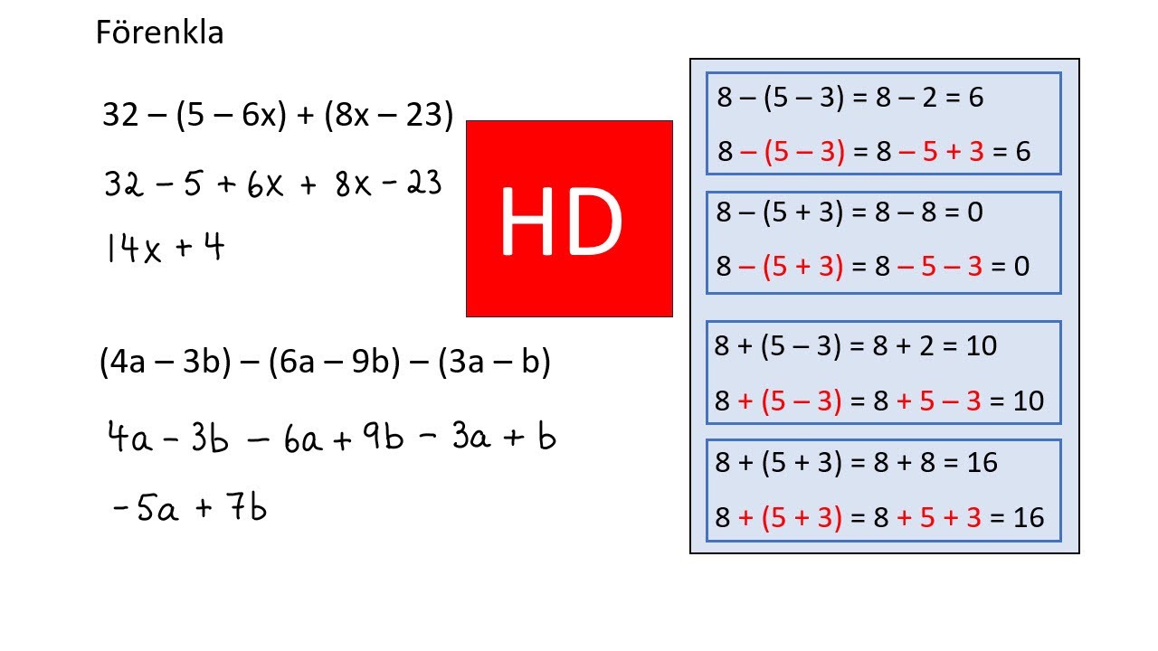 Forenkling av  uttryck med parenteser.   åk 8  (HD)