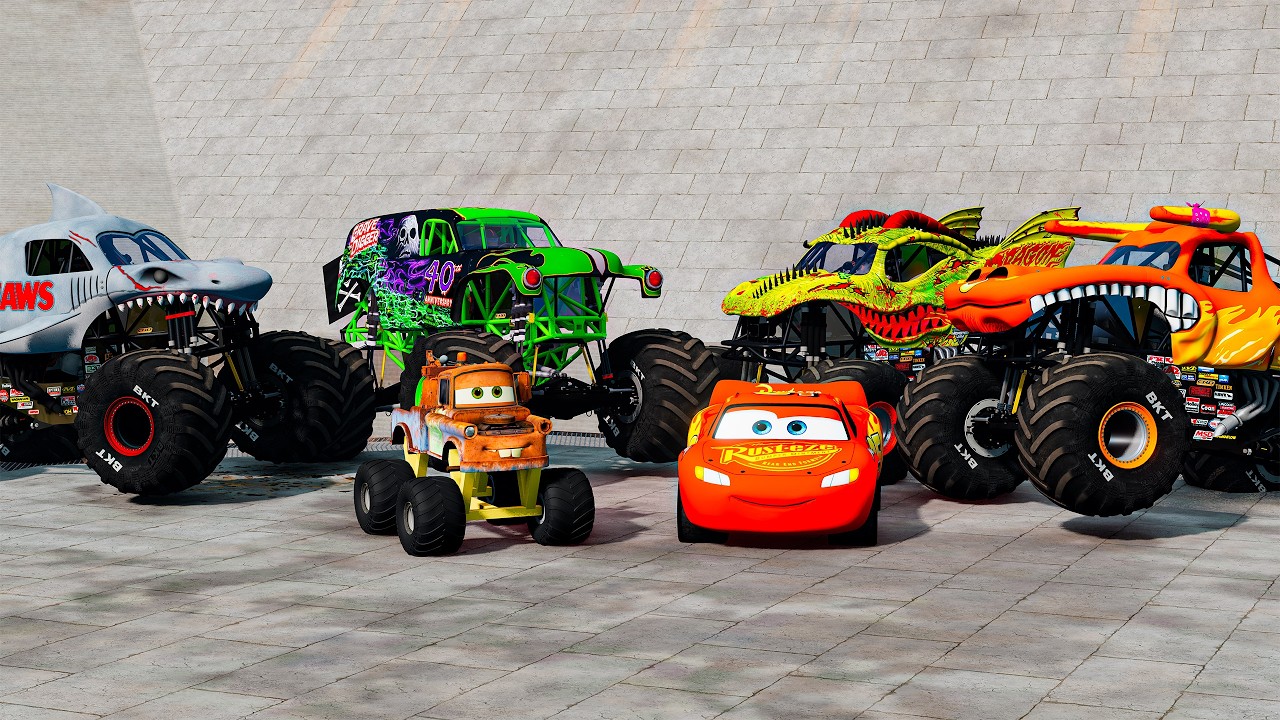 Grave Digger and Monster Trcuk VS Lighting McQueen and Police - BeamNG Monster Truck Crashes