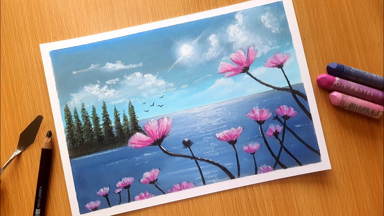 Oil Pastel Easy Drawing for Beginners / SPRING FLOWERS / Oil Pastel Nature Scenery Drawing