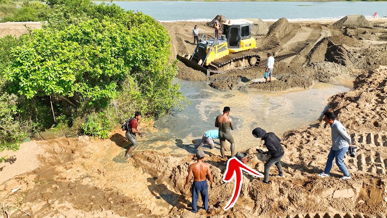 Wonderful Bulldozer SHANTUI C3 Push Sand Into Water Lake, Dump Truck 25Ton Unloading Sand