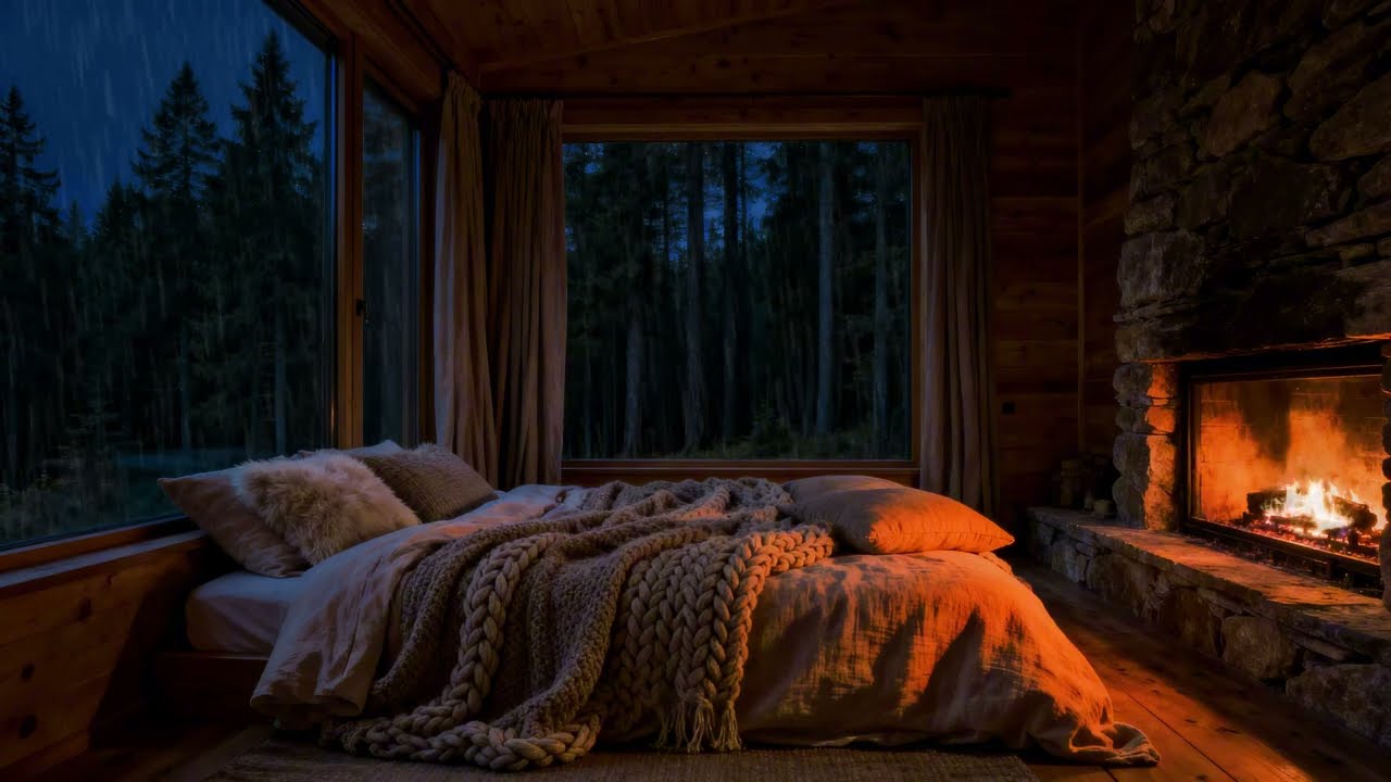 Deep Forest Cabin Night (No Ads) | Cozy Fireplace & Dark Woodland Bedroom for Deep Sleep