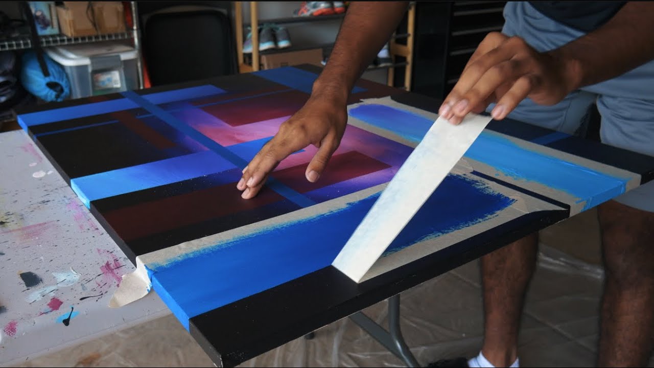 Geometric Abstract Painting Demo with Acrylics and Masking Tape!! (SaTIsFyiNg) | 4k