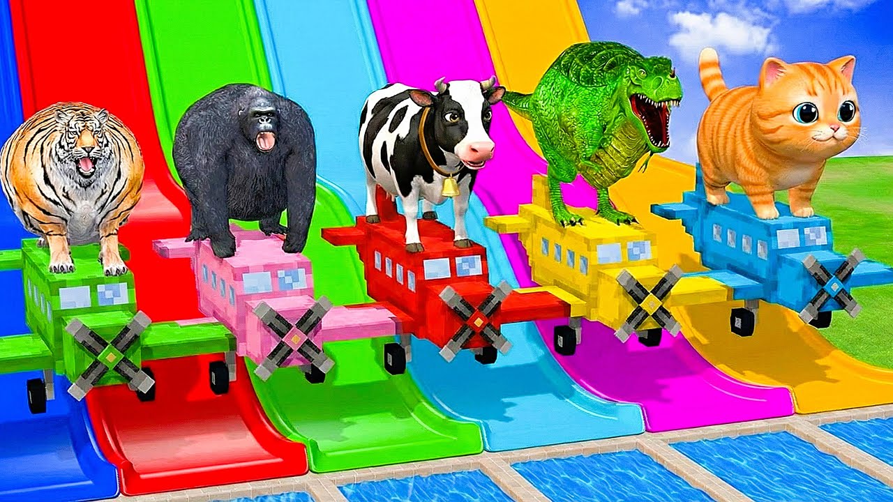 Long Slide Game with Cow Elephant Gorilla Hippopotamus Tiger 3d Animal Game Funny 3d Animals