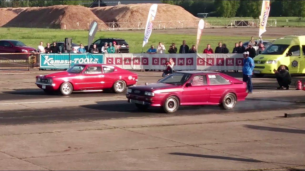 800hp '85 Audi Coupe Quattro 2.5t 20v vs ~1500hp '72 Ford Taunus 463cid 1/4 mile drag race
