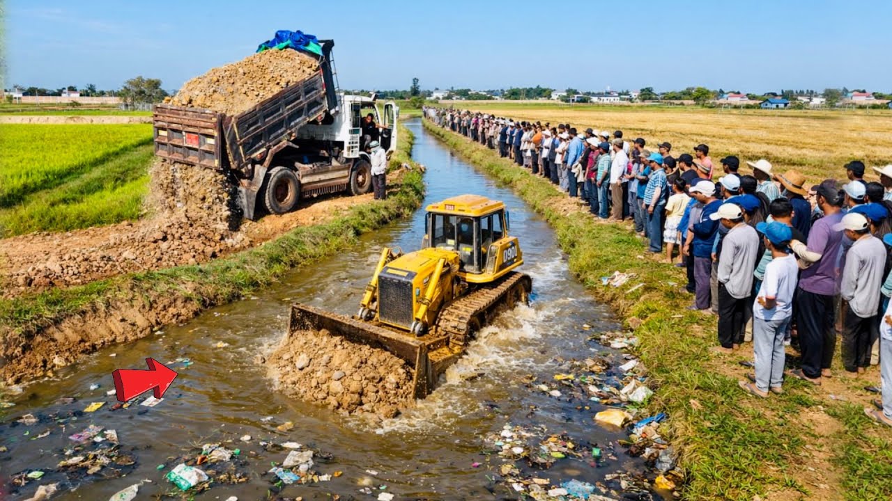 +Landfill New Project!!skill Dozer​ KOMATSU Push Soil Clean Garbage Soil into CANAL 100% complete