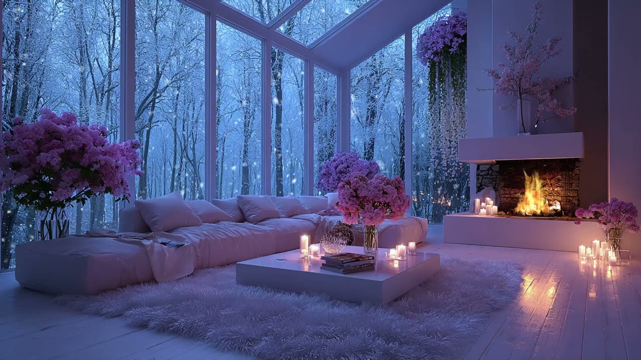 🔥🎼 Warm Winter Piano Lounge | Snow Outside & Fireplace Sounds | Focus Work Calm Sleep Study