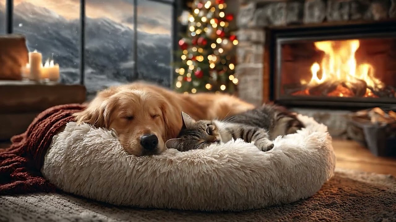 Peaceful Holiday Pets | Golden Retriever & Tabby Cat Sleeping by the Cozy Fireplace