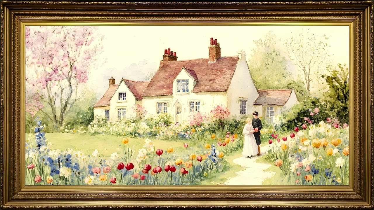 Forever Home Cottage Garden, Vintage Valentine Oil Painting | Framed Art Screensaver for TV