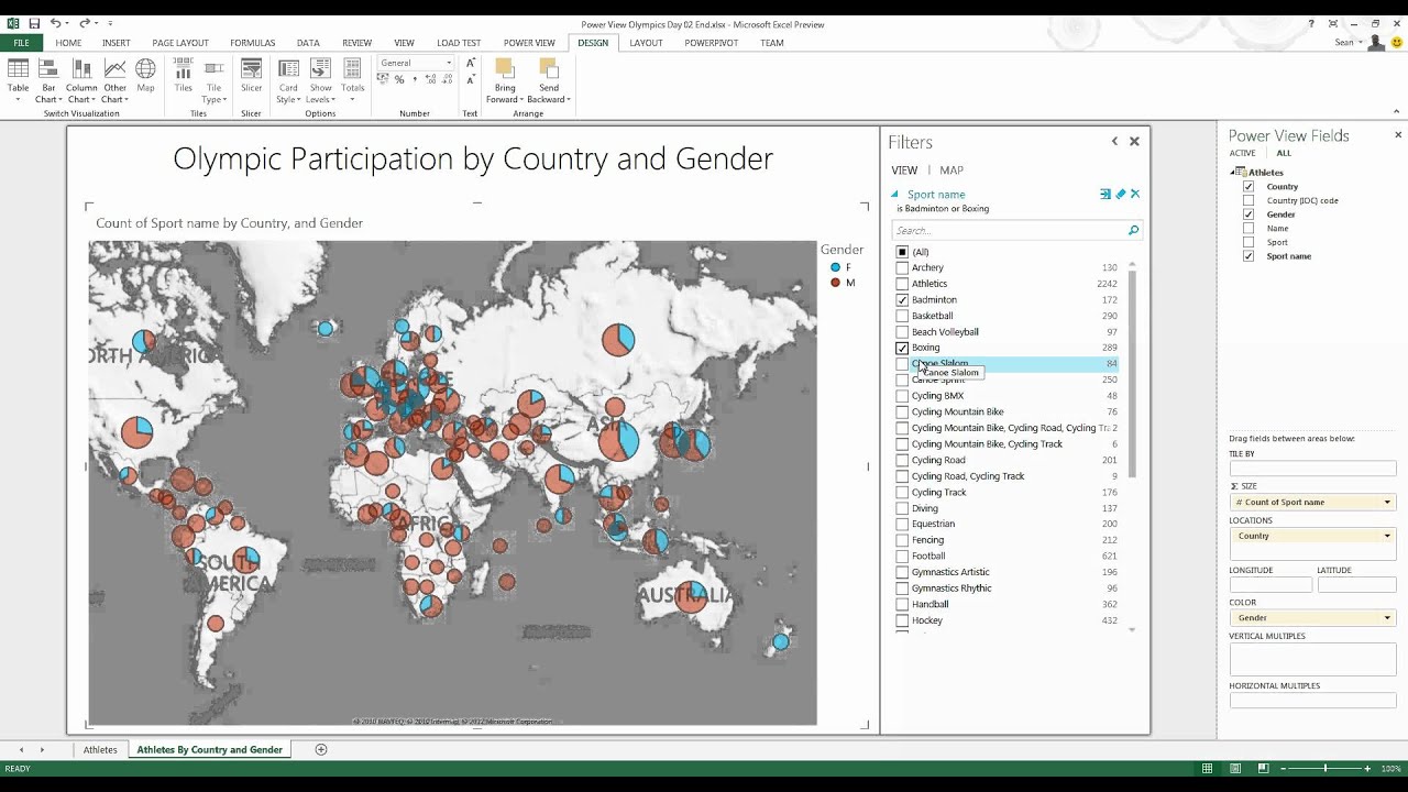Power View in Excel 2013 Olympics Data Day 2 - Pie Charts on Maps, Filters and Tiles