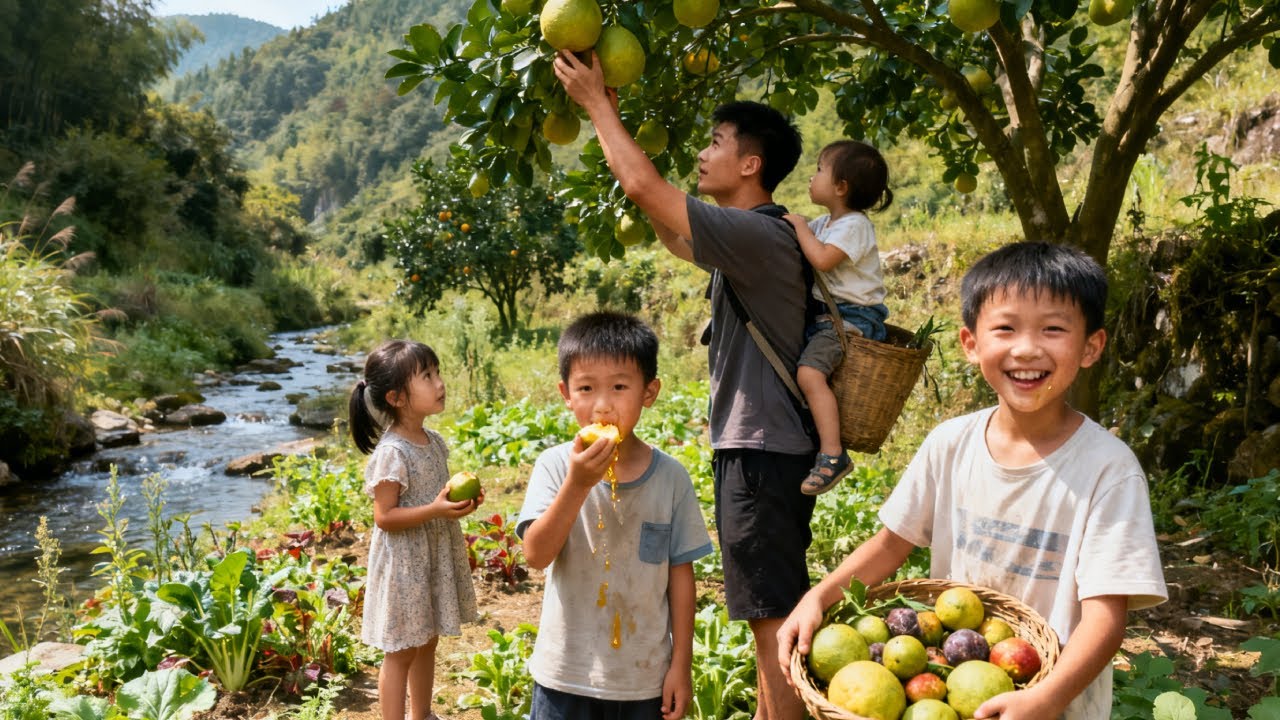 【一家七口隐居深山】带孩子们上山摘野生砂仁，竟意外发现野果，坐在石头上当场开吃#农村生活#vlog#山居生活