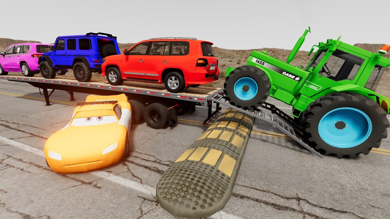 TRANSPORTING PIXAR CARS & FRUITS WITH COLORED & JOHN DEERE vs CLAAS vs TRACTORS - BeamNG.drive