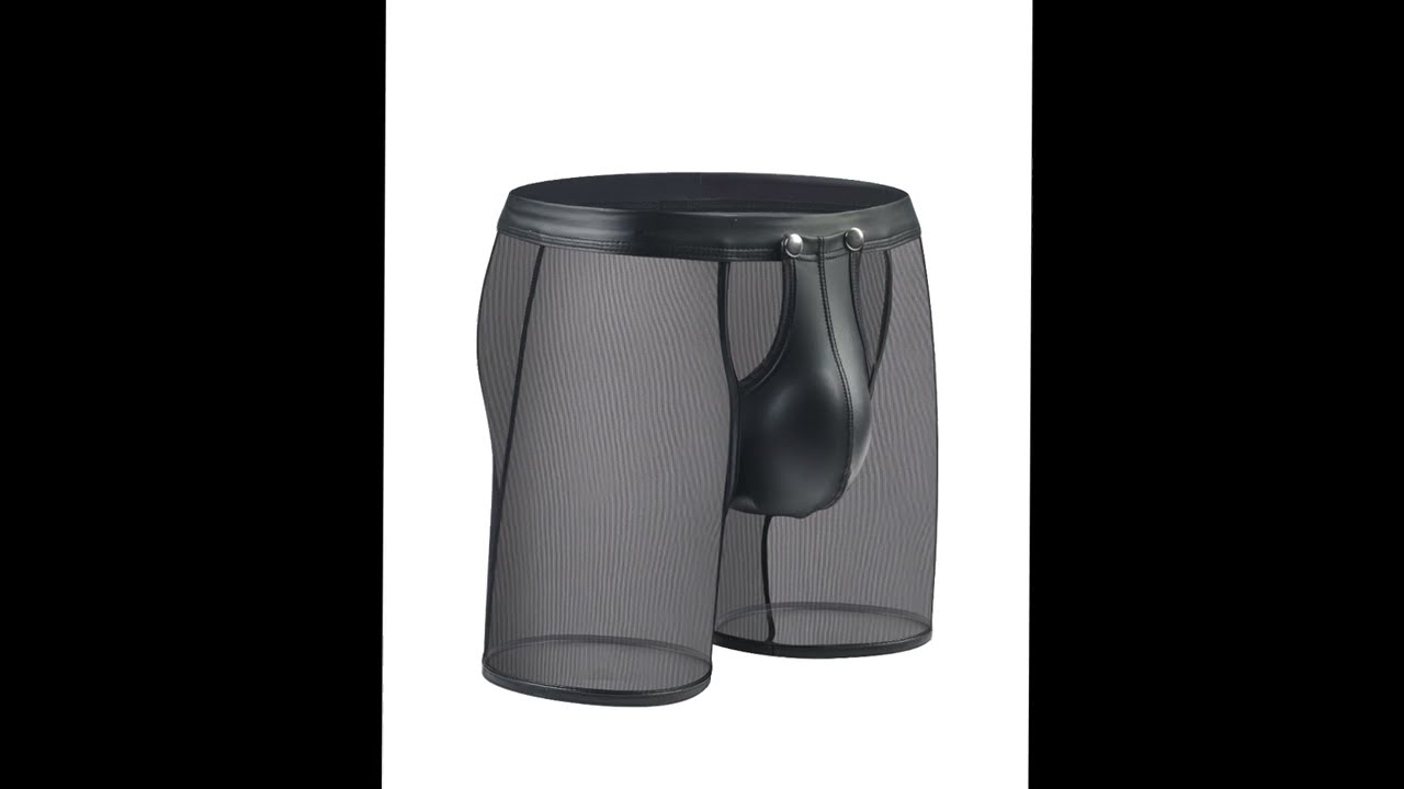 Sexy Men's Long Leg Boxer Briefs Mesh Faux Leather Underwear Pouch Opened Button Trunks Underpants