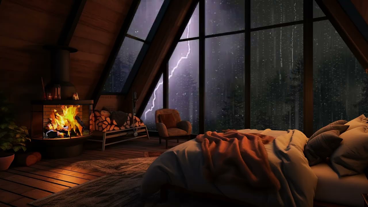 Rain Sounds with Fireplace in Cabin Bedroom for Deep Sleep and Relaxation