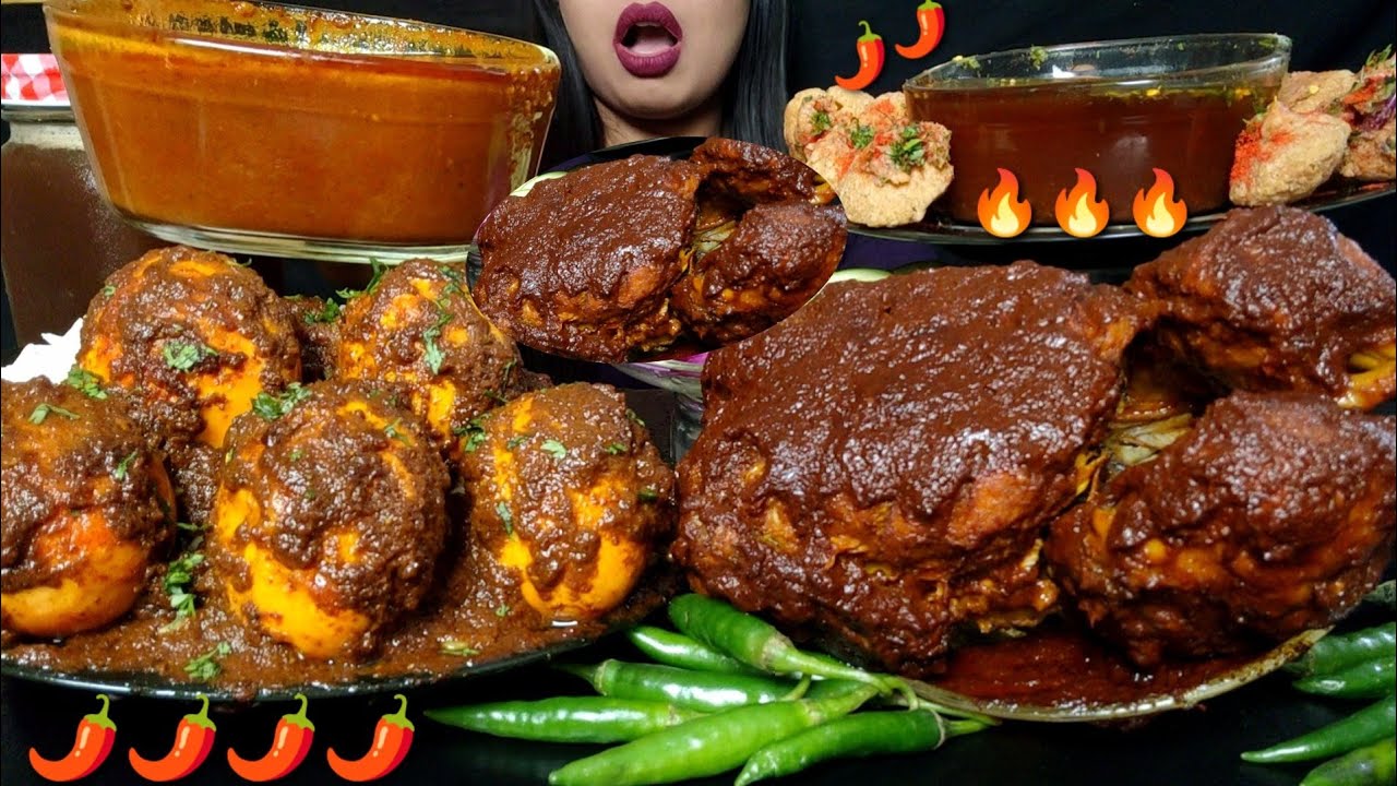 ASMR:EATING SPICY BIG WHOLE CHICKEN DARK CURRY,EGG GHEE ROAST,PANI PURI,RICE,CURRY,CHILLI#hungrygirl
