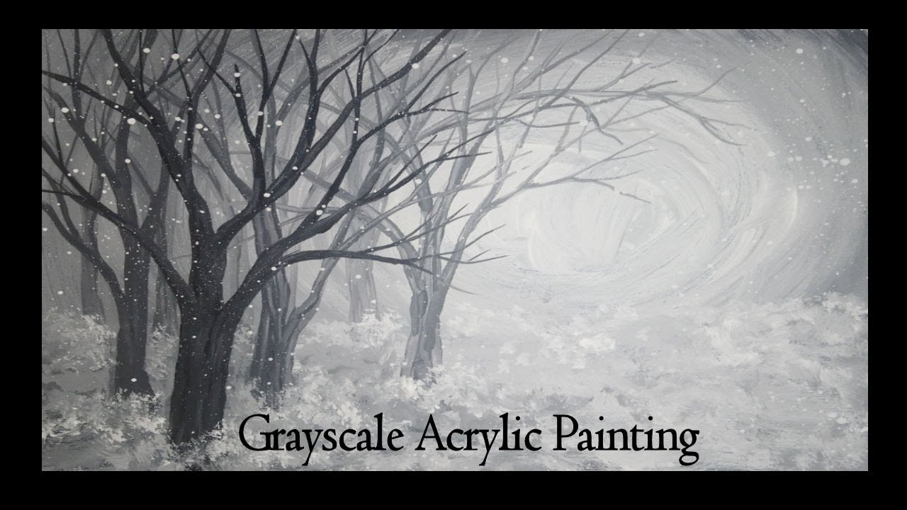 Forest Snowfall Acrylic Painting Grayscale Demonstration