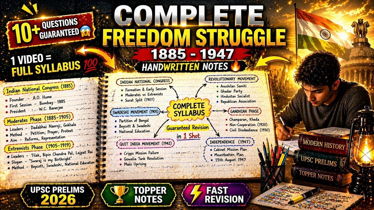 Complete Freedom Struggle one shot (1885&ndash;1947) 🔥  | Full Syllabus Guaranteed 😱 | UPSC prelims 2026