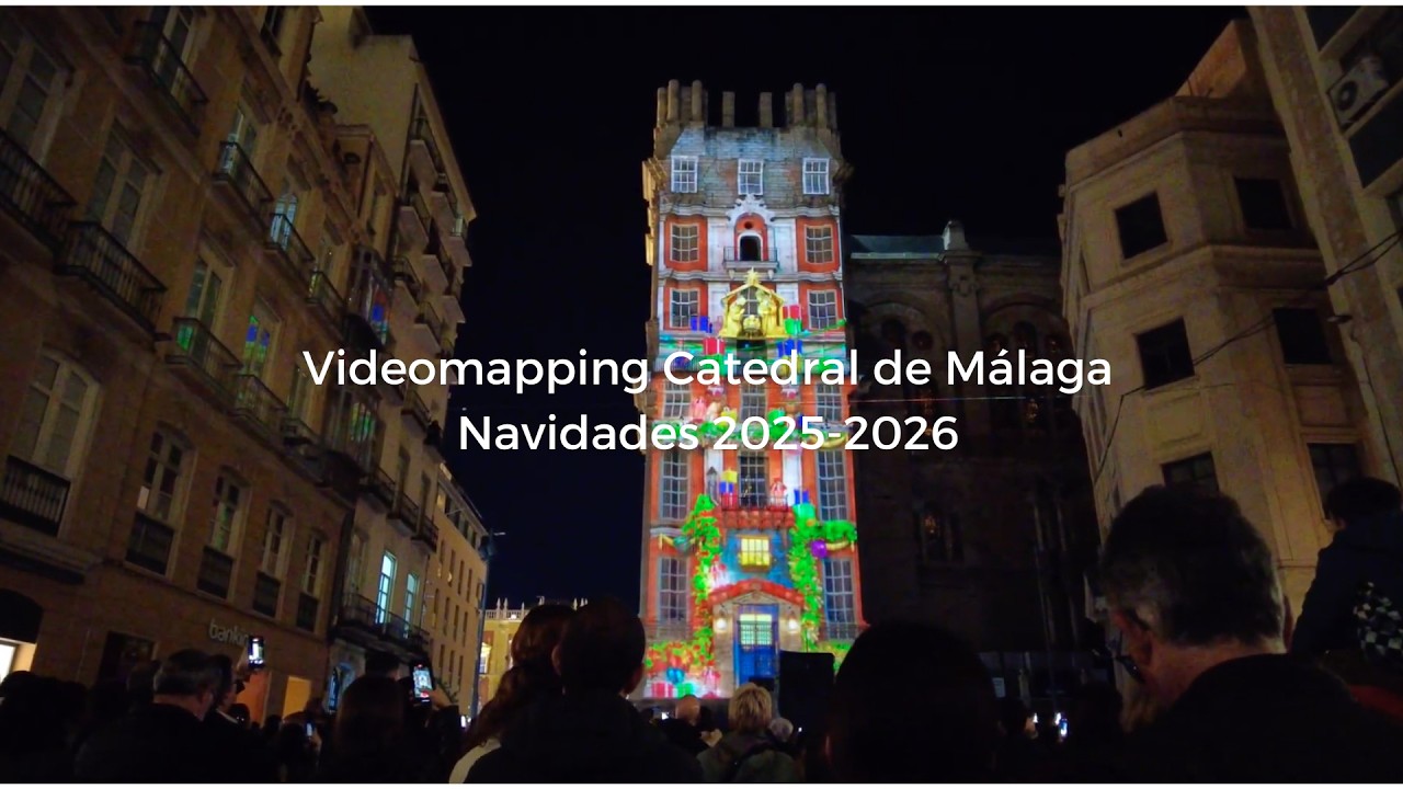 Videomapping Navideño completo realizado sobre la catedral de Málaga durante la navidad 2025-2026