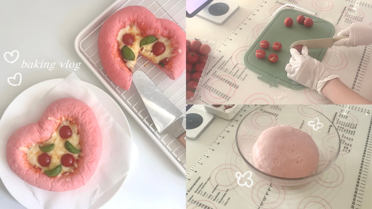 ♡゛사랑에 빠진 하트 피자 만드는 브이로그  ♡゛| 핀터레스트st | 🍅🍀 토마토 바질 피자 | 하트피자 | 피자만들기 | 베이킹 브이로그 | pizza | baking vlog