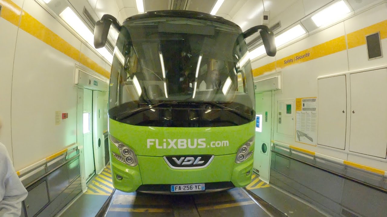 Underwater Eurotunnel: Loading bus in the train. English Channel 4K