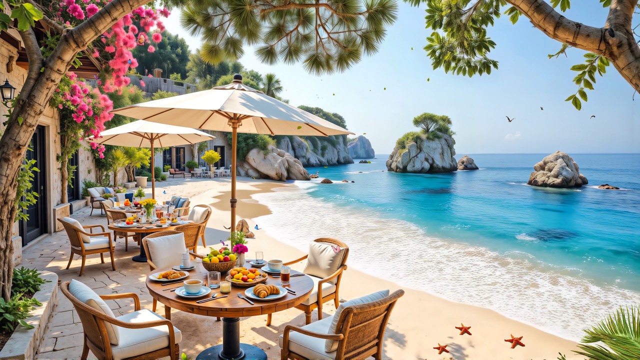 Sunny Seaside Café ☀️🌊 Smooth Jazz Music with Ocean Waves & Relaxing Beach Breakfast View
