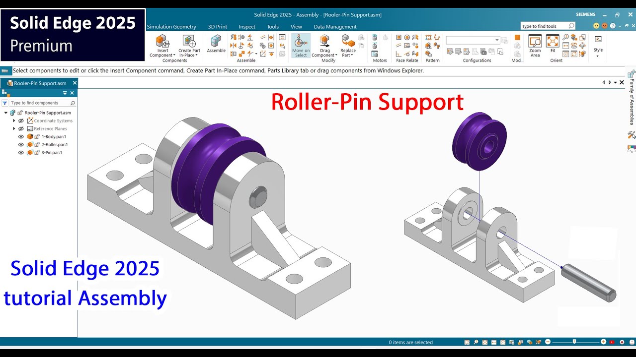 Solid Edge 2025 tutorial - Roller-Pin Support