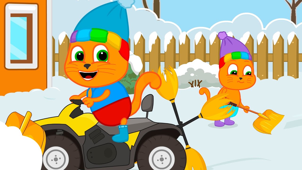 Cats Family in English - The tractor clears snow Cartoon for Kids