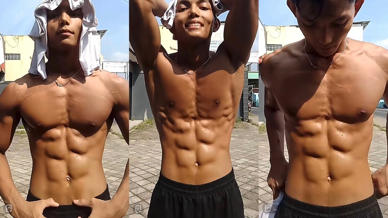 Binaraga pemula cardio dan berjemur pose otot six pack kering