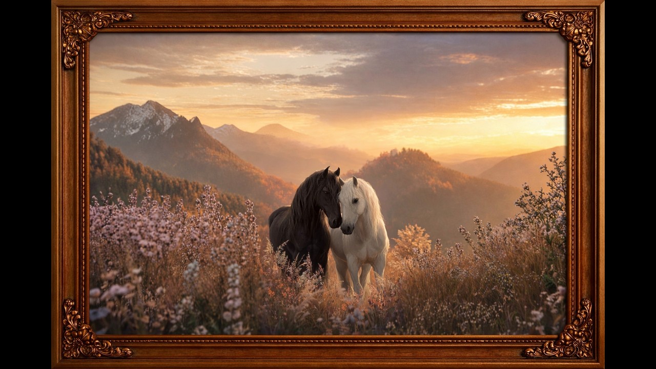 Peaceful Horses in Mountain Meadow | Elegant Wall Art | 4K Relaxing Visual